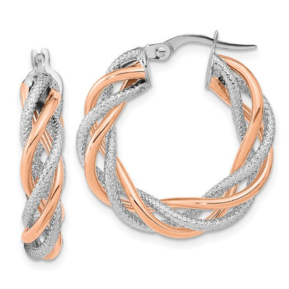 14k rose gold and rhodium two tone twisted round hoop earrings