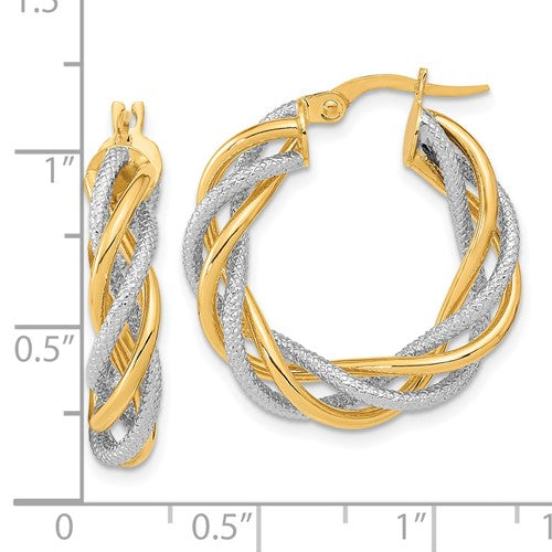 14k Yellow Gold and Rhodium Two Tone Twisted Round Hoop Earrings