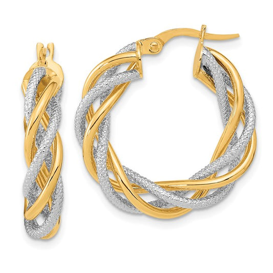 14k yellow gold and rhodium two tone twisted round hoop earrings