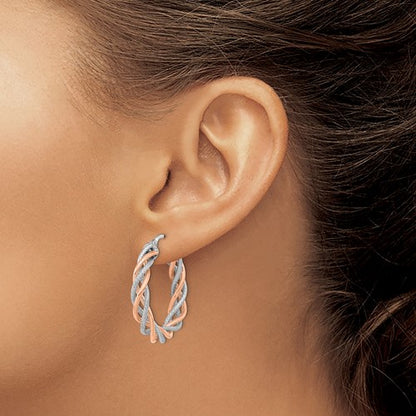 14k rose gold and rhodium two tone twisted round hoop earrings
