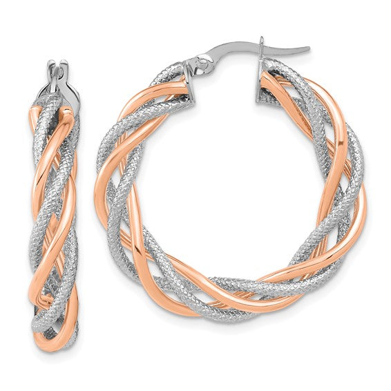 14k rose gold and rhodium two tone twisted round hoop earrings
