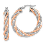 Load image into Gallery viewer, 14k Rose Gold and Rhodium Two Tone Twisted Round Hoop Earrings
