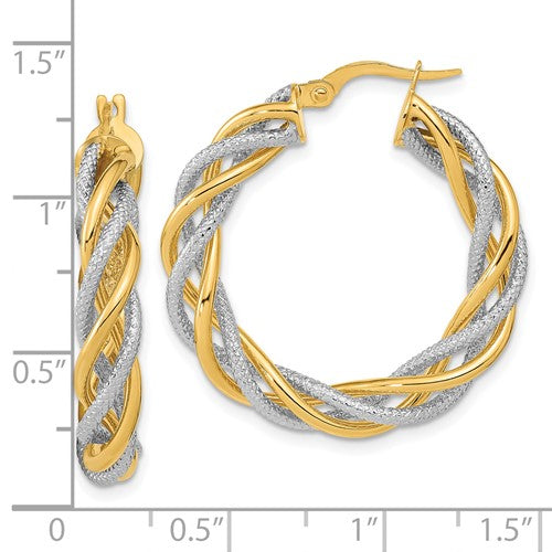 14k yellow gold and rhodium two tone twisted round hoop earrings