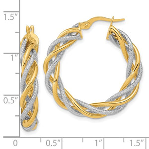 14k Yellow Gold and Rhodium Two Tone Twisted Round Hoop Earrings