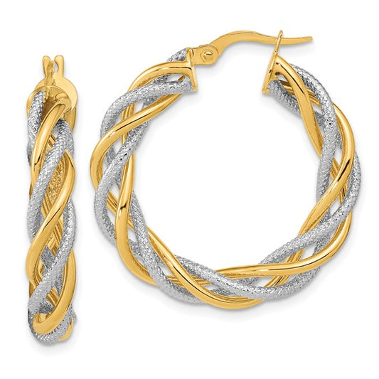 14k yellow gold and rhodium two tone twisted round hoop earrings