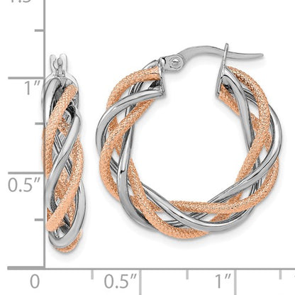14k rose gold and rhodium two tone twisted round hoop earrings