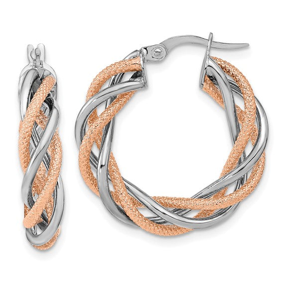 14k rose gold and rhodium two tone twisted round hoop earrings