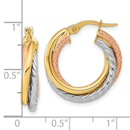 14k yellow rose gold rhodium tri color twisted round hoop earrings 21mm x 5mm