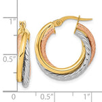 Load image into Gallery viewer, 14k Yellow Rose Gold Rhodium Tri Color Twisted Round Hoop Earrings 21mm x 5mm

