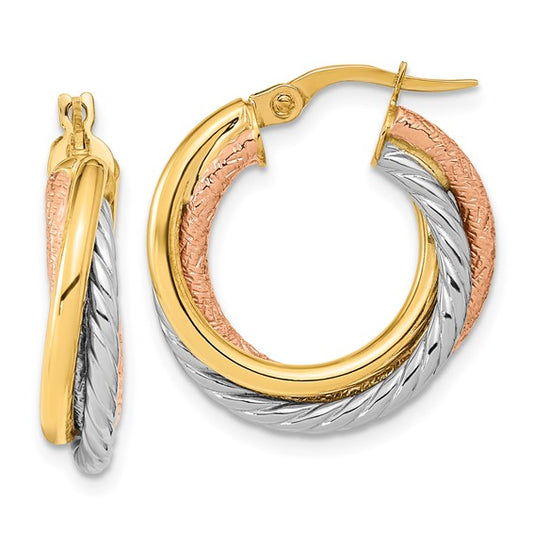14k yellow rose gold rhodium tri color twisted round hoop earrings 21mm x 5mm