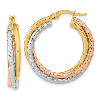 14k yellow rose gold rhodium tri color twisted round hoop earrings 26mm x 5mm