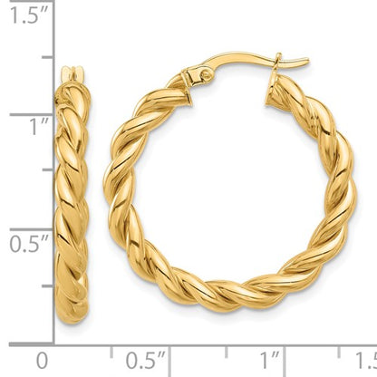 14k yellow gold round twisted hoop earrings 28mm x 3.7mm