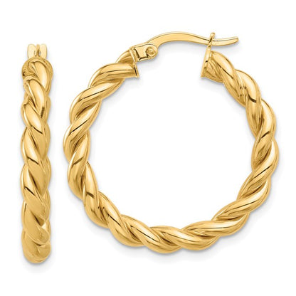 14k yellow gold round twisted hoop earrings 28mm x 3.7mm