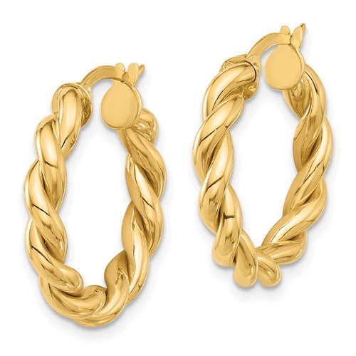 14k yellow gold round twisted hoop earrings 21mm x 3.7mm