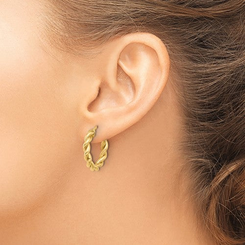 14k yellow gold round twisted hoop earrings 21mm x 3.7mm