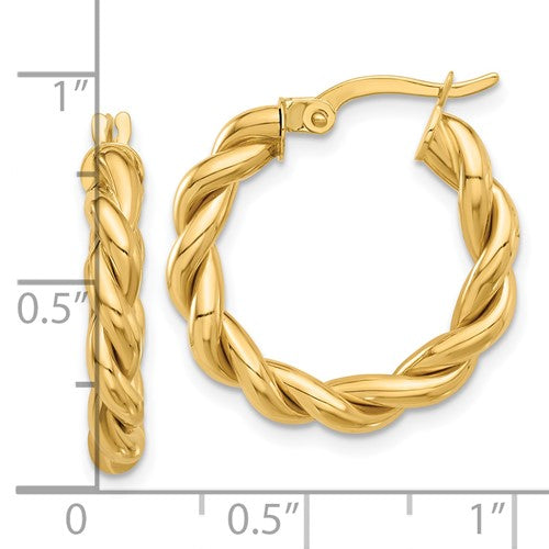 14k Yellow Gold Round Twisted Hoop Earrings 21mm x 3.7mm