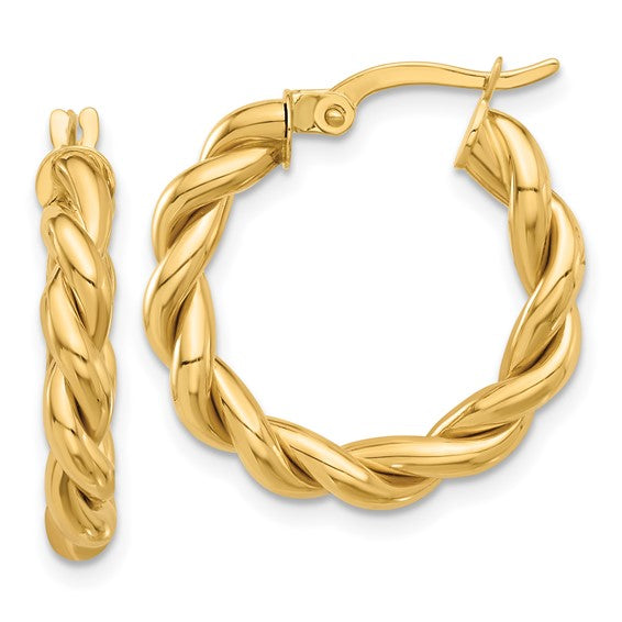 14k yellow gold round twisted hoop earrings 21mm x 3.7mm