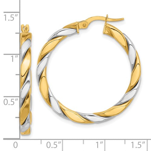14k yellow white gold two tone round twisted hoop earrings 31mm x 3mm