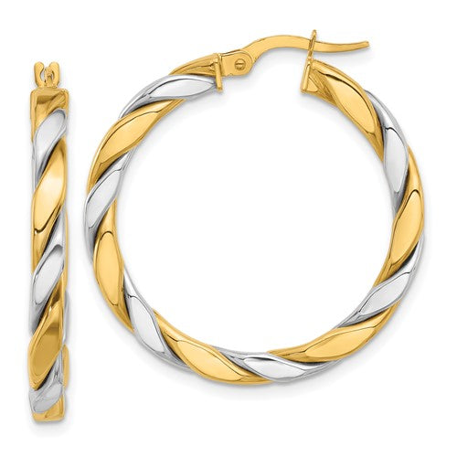 14k Yellow White Gold Two Tone Round Twisted Hoop Earrings 31mm x 3mm
