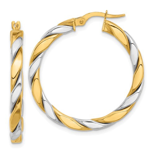 14k yellow white gold two tone round twisted hoop earrings 31mm x 3mm