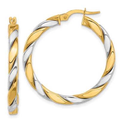 14k yellow white gold two tone round twisted hoop earrings 31mm x 3mm