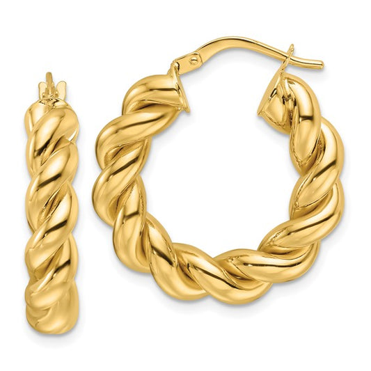14k yellow gold round twisted hoop earrings 25mm x 5.3mm