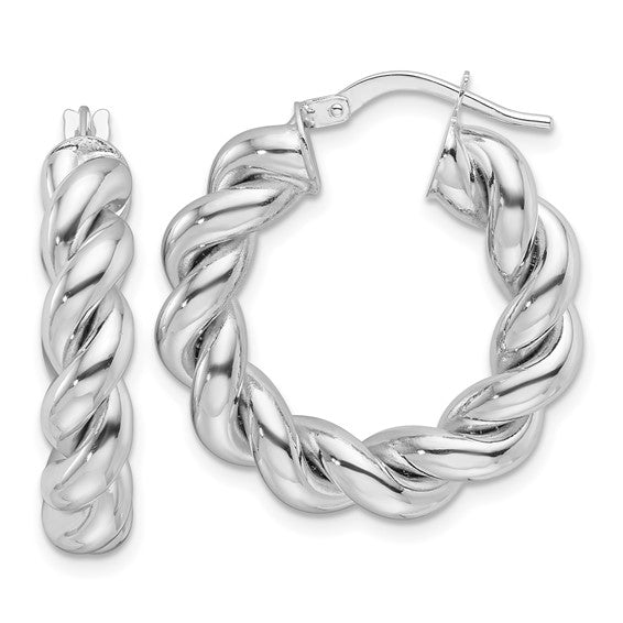 14k White Gold Round Twisted Hoop Earrings 25mm x 5.3mm