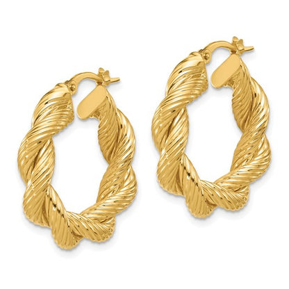 14k yellow gold round twisted textured hoop earrings 25mm x 5.7mm