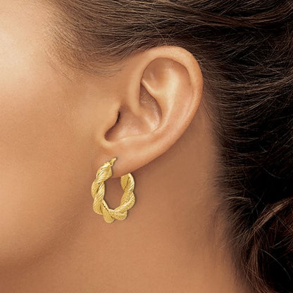 14k yellow gold round twisted textured hoop earrings 25mm x 5.7mm