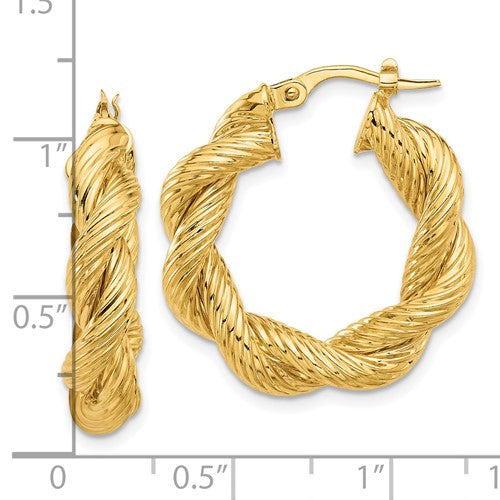 14k yellow gold round twisted textured hoop earrings 25mm x 5.7mm