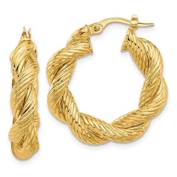 14k yellow gold round twisted textured hoop earrings 25mm x 5.7mm