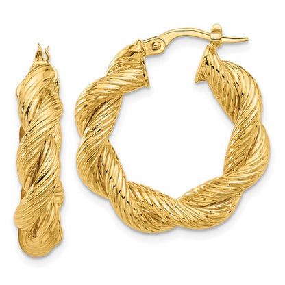 14k yellow gold round twisted textured hoop earrings 25mm x 5.7mm