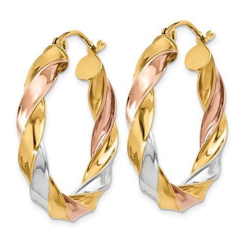 14k gold tri color twisted round hoop earrings