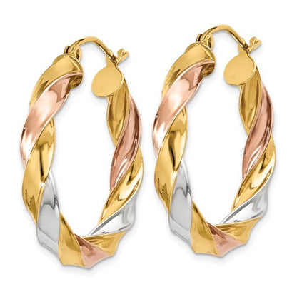 14k gold tri color twisted round hoop earrings