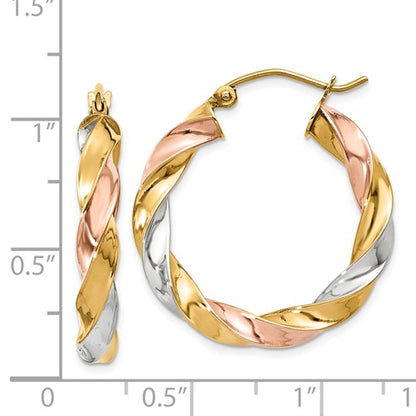 14k gold tri color twisted round hoop earrings