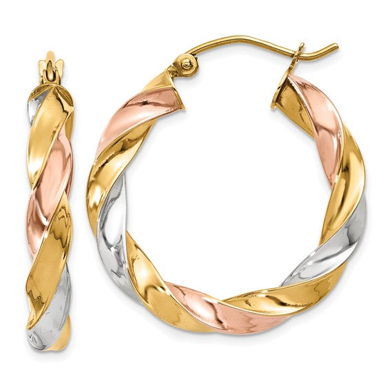 14k gold tri color twisted round hoop earrings