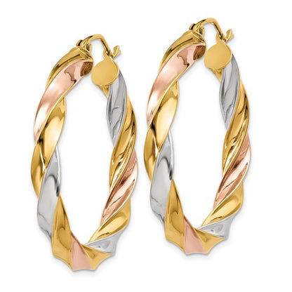 14k gold tri color twisted round hoop earrings