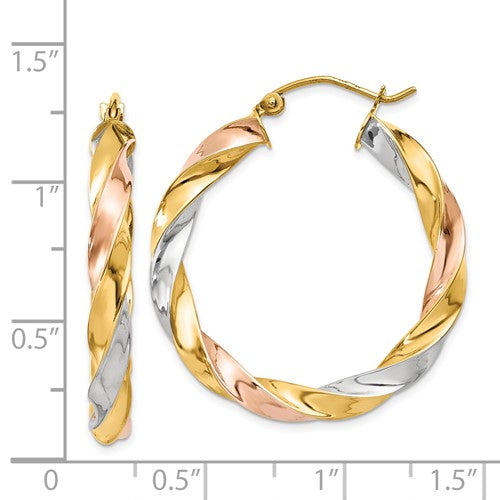 14k gold tri color twisted round hoop earrings
