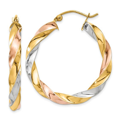 14k gold tri color twisted round hoop earrings