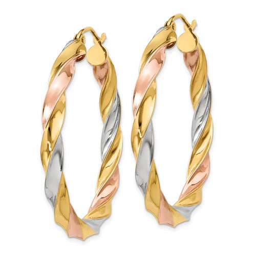 14k gold tri color twisted round hoop earrings