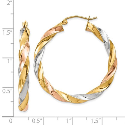 14k gold tri color twisted round hoop earrings