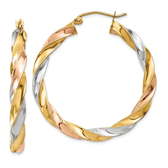 14k gold tri color twisted round hoop earrings