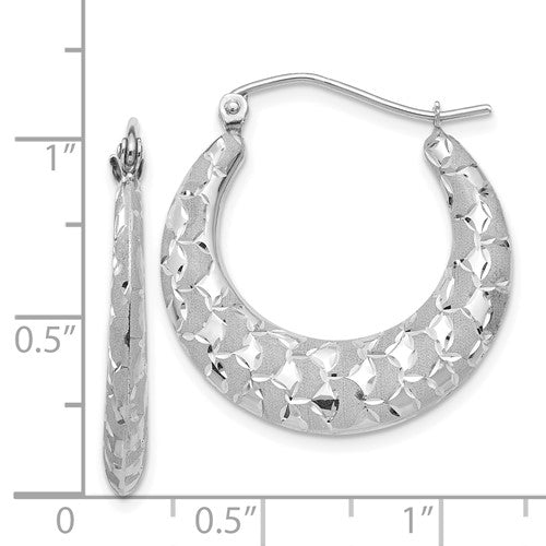 14K White Gold Shrimp Diamond Cut Satin Hoop Earrings