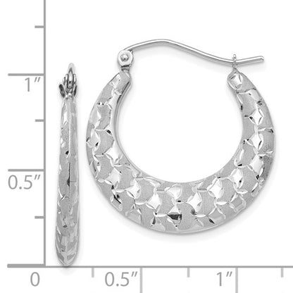 14k white gold shrimp diamond cut satin hoop earrings