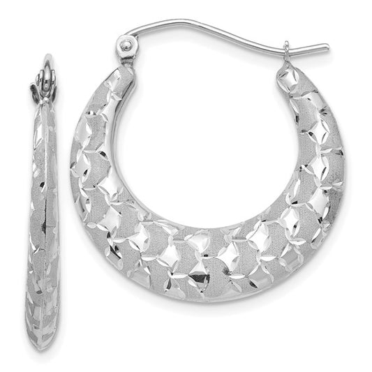14k white gold shrimp diamond cut satin hoop earrings