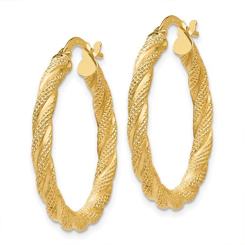 14k yellow gold twisted textured round hoop earrings 26mm x 3mm