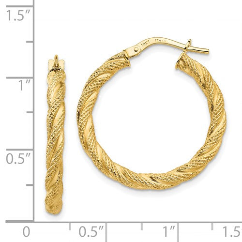 14k yellow gold twisted textured round hoop earrings 26mm x 3mm