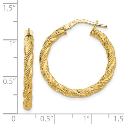 14k yellow gold twisted textured round hoop earrings 26mm x 3mm