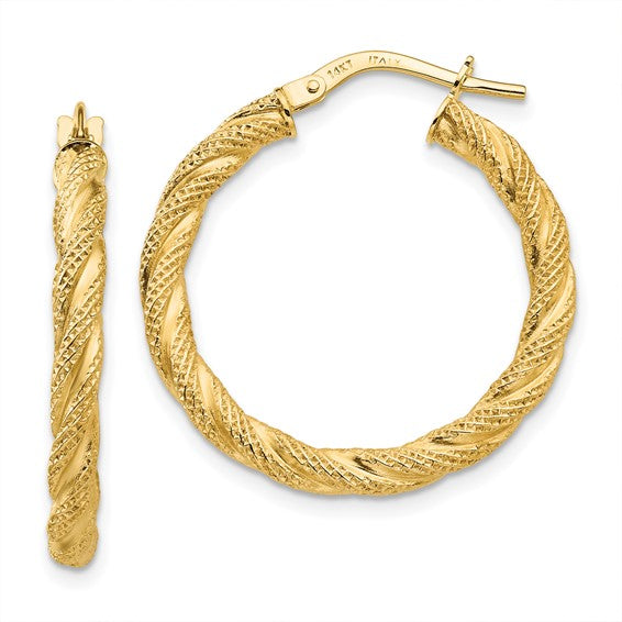 14k yellow gold twisted textured round hoop earrings 26mm x 3mm