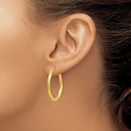 14k Yellow Gold Twisted Textured Round Hoop Earrings 32mm x 3mm